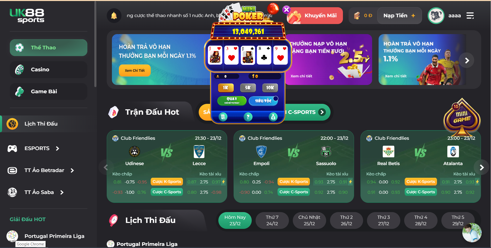 Các mức đặt cược trong mini Poker tại UK88