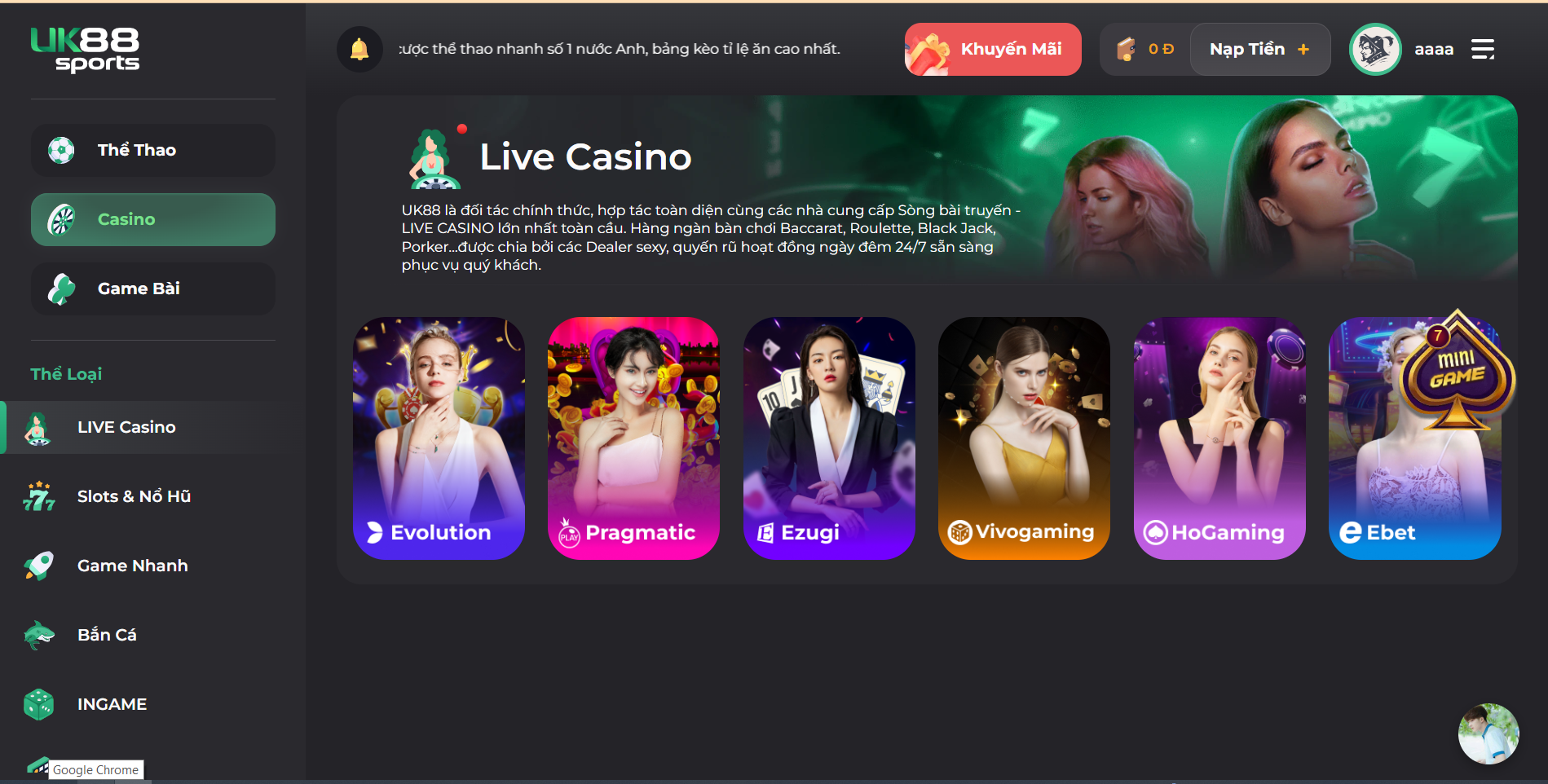 Chơi game casino trên nhà cái UK88