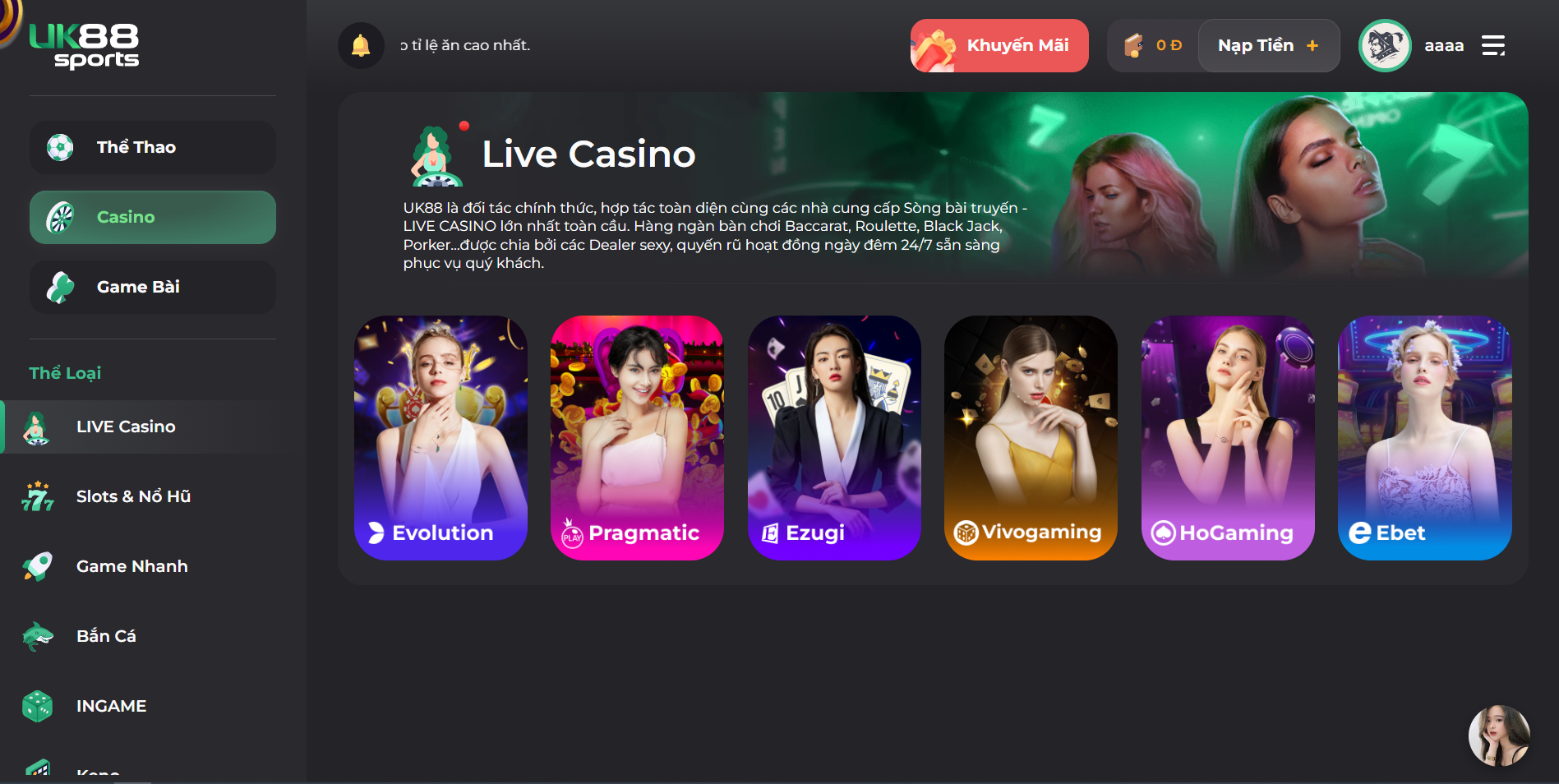 Nhiều nhà cung cấp casino hàng đầu trên nhà cái UK88